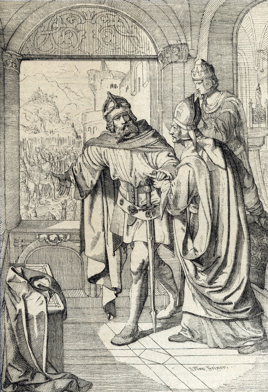 De första medlemmarna av Habsburgdynastin Radbot och Eveque Werner vid tiden för byggandet av Habsburgska gården i Aargau, Schweiz av Peter Johann Nepomuck Geiger