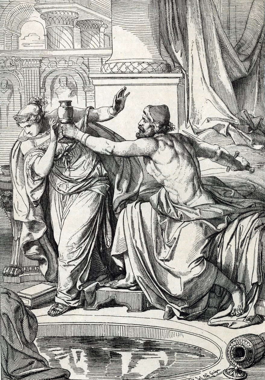 Den gepid prinsessan Rosemonde (död 572) och hennes älskare mördare av hennes man kung Alboin förgiftade sig själva med samma kopp gift, 572 (Gepid prinsessan Rosamund (eller Rosamunde) och hennes älskare dödar sig själva med samma kopp gift, 572) Ritning  av Peter Johann Nepomuck Geiger