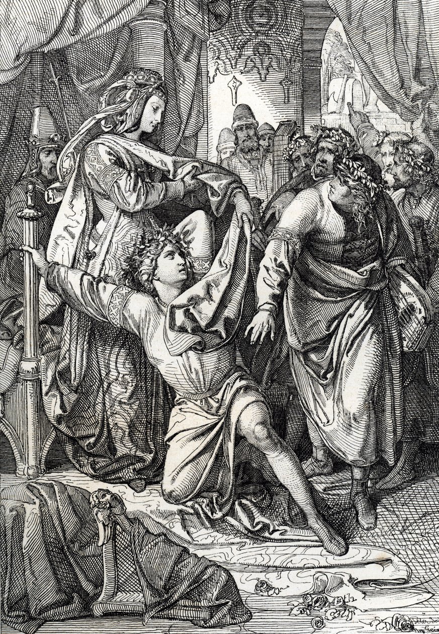 Poetiska tävlingen i slottet Wartburg i Tyskland 1207: Minnesangerna tävlar i poetiska spel, trubaduren Henri d