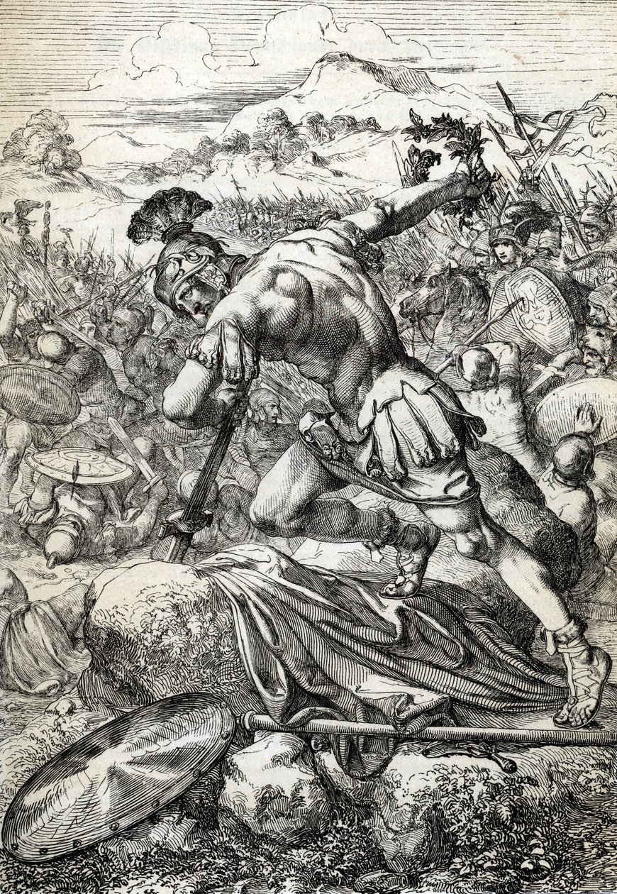 Den romerske generalen Varus (Publius Quinctilius Varus) självmord (46 f.Kr.-9 e.Kr.) på hans svärd i slaget vid Teutoburg (Teutoburger Wald eller Teutberg) som motsatte sig romarna till tyskarna år 9 e.Kr. (självmord av den romerske generalen Varus i slag av Peter Johann Nepomuck Geiger