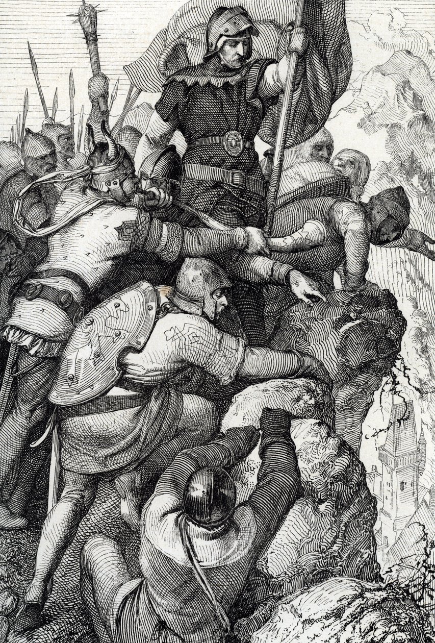 Trupperna från Othon I av Baviere (1117-1183) nära Verona i Italien 1155 (Otto I, hertig av Bayern och hans armé nära Verona, Italien 1155) Fjäderteckning från "Historische Memorabilian des In-und Auslandes"" (Historiska souvenirer) av Anton Ziegler av Peter Johann Nepomuck Geiger