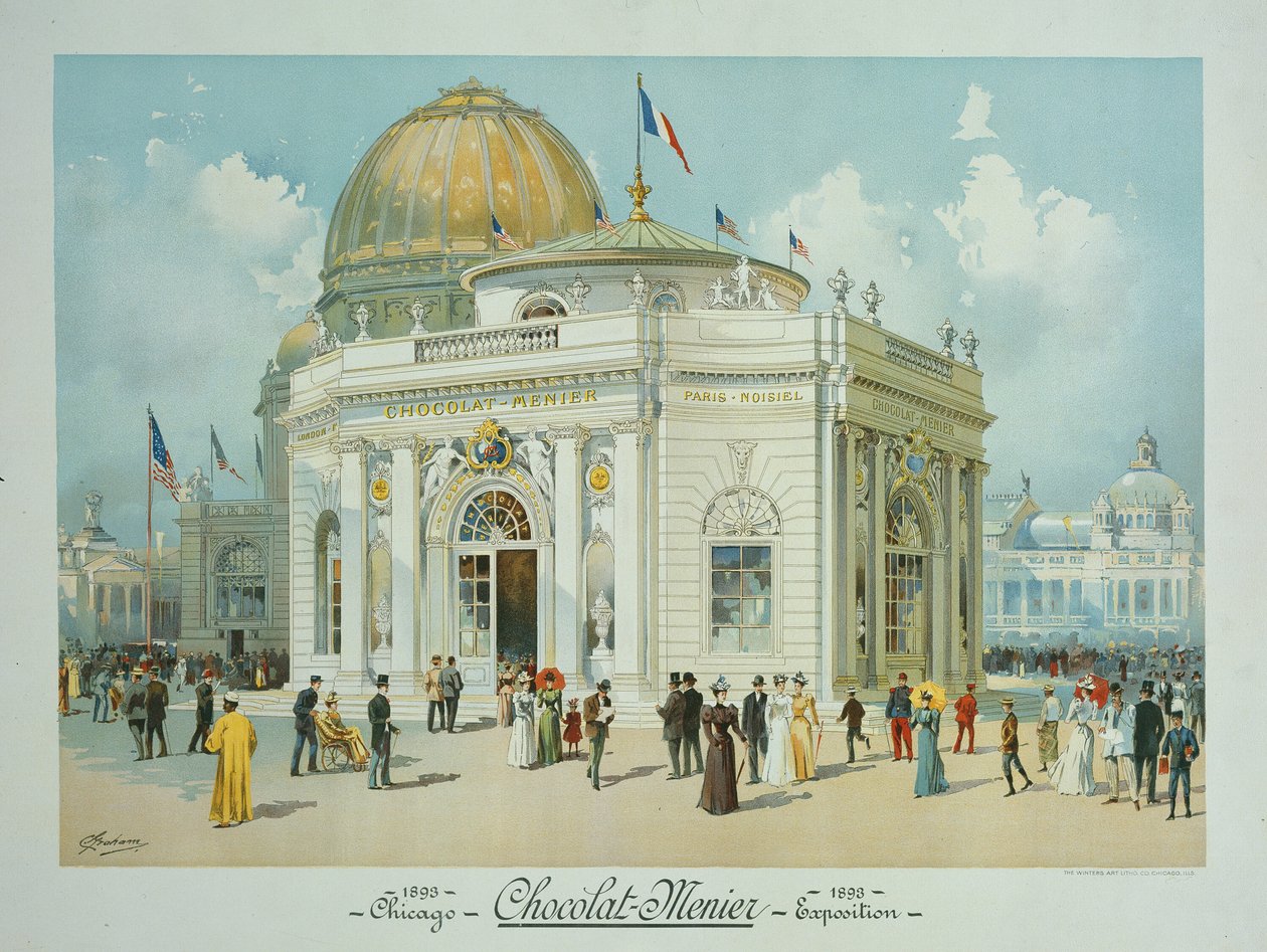 Paviljongen för choklad och menyer, Columbianska världsutställningen, Chicago, Illinois, perspektivvy av Peter Joseph Weber