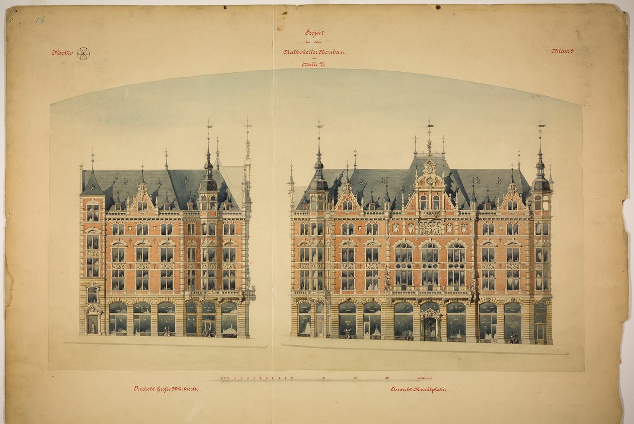Rathskellers nya byggnad, Halle (Saale), Sachsen-Anhalt, Tyskland, Höjd av Peter Joseph Weber