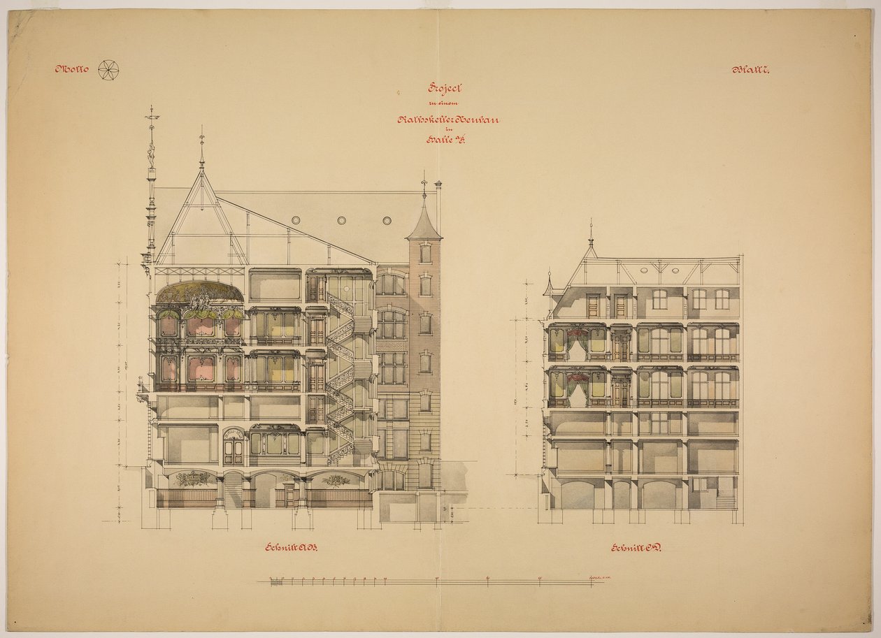 Rathskellers nya byggnad, Halle (Saale), Sachsen-Anhalt, Tyskland, två sektioner av Peter Joseph Weber