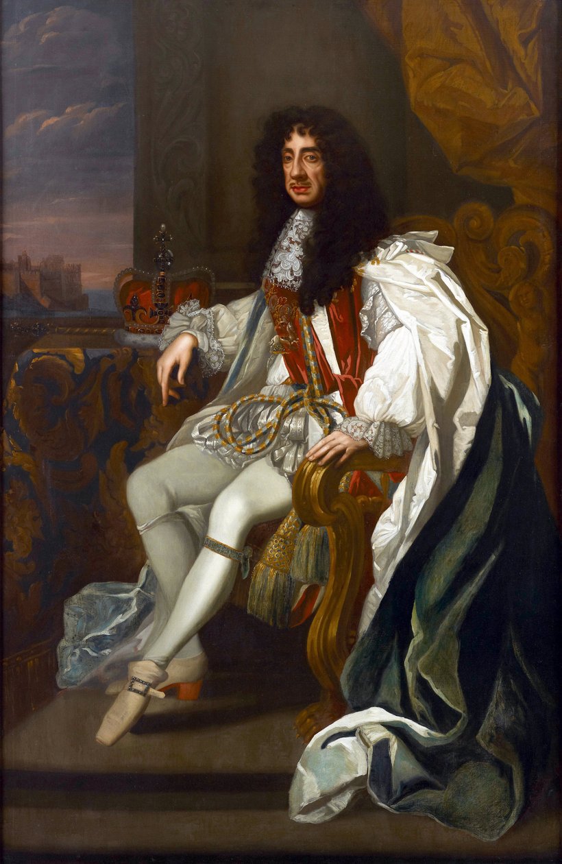 Barock : Porträtt av Charles II av England (1630-1685), i dräkter av Strumpebandsorden par Lely, Sir Peter (1618-1680). Olja på duk, 213,5x140. Privat samling av Peter Lely