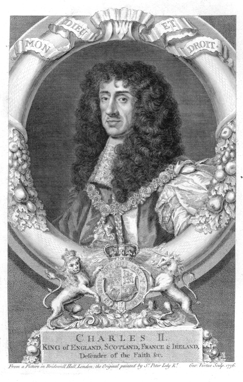 Charles II (1630-85) kung av Storbritannien och Irland från 1660, graverad av George Vertue (1684-1756) 1736 av Peter Lely