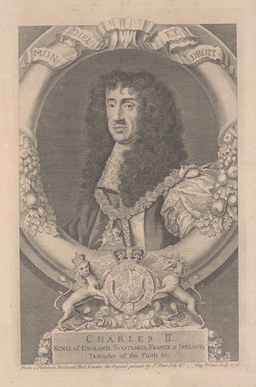 Charles II, kung av England, Skottland, Frankrike och Irland, graverad av George Vertue (1684-1756) av Peter Lely