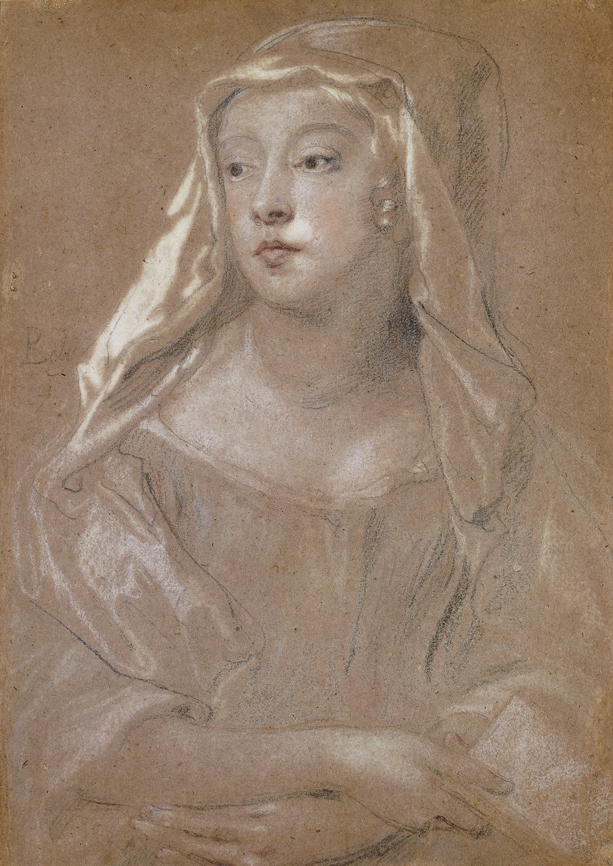 Porträtt av en ung dam, traditionellt identifierad som Sarah Jennings, hertiginna av Marlborough, halvlängd, håller en bok, händerna i kors i knäet, hennes huvudklänning draperad på hennes axlar, 1667 av Peter Lely