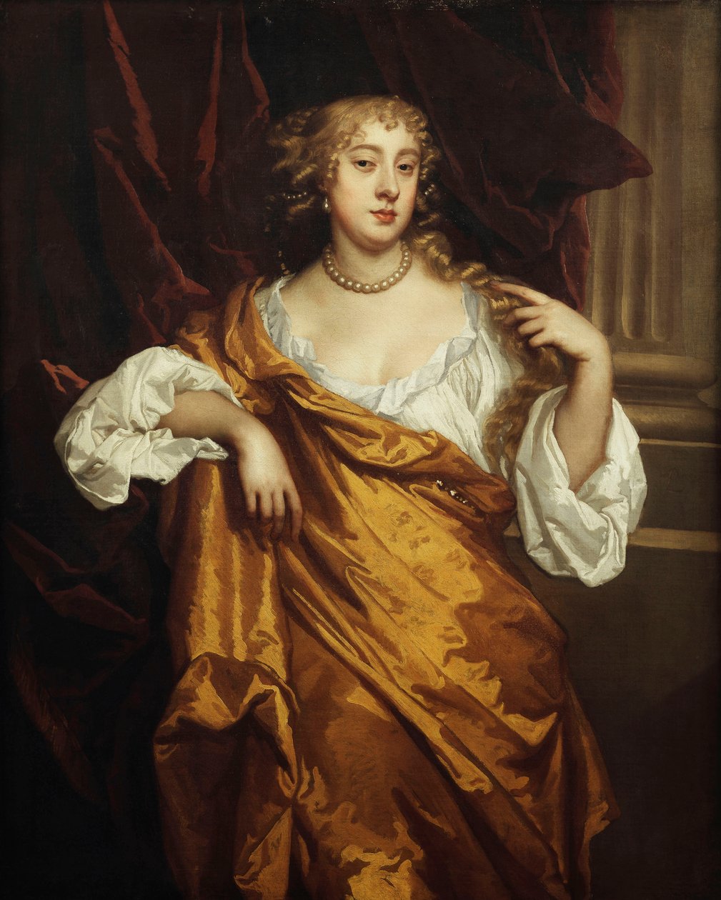 Porträtt av Hon. Mary Wharton, stående trekvartslängd, i en vit kemisk och gul mantel av en rödbrun draperad kolumn, av Peter Lely