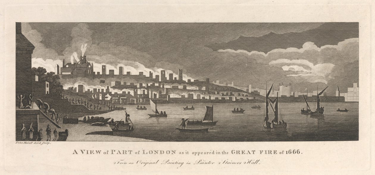 En vy över en del av London som den såg ut i den stora branden 1666 av Peter Mazell