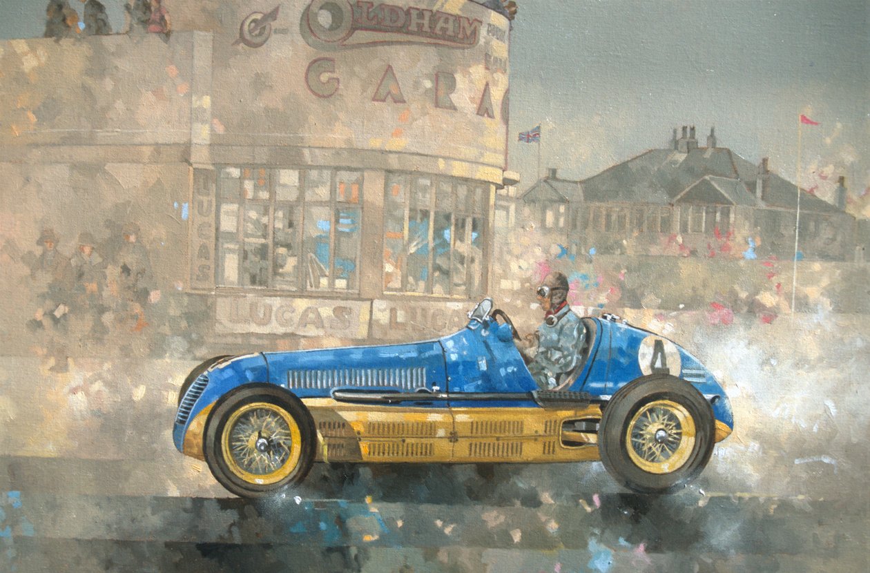 Blå och gula Maserati of Bira (olja på duk) av Peter Miller