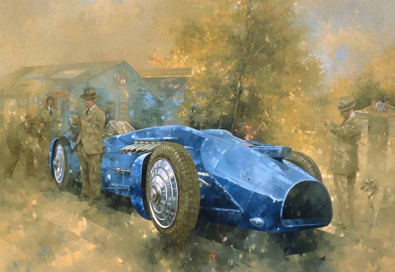 Bluebird at Brooklands (olja på duk) av Peter Miller
