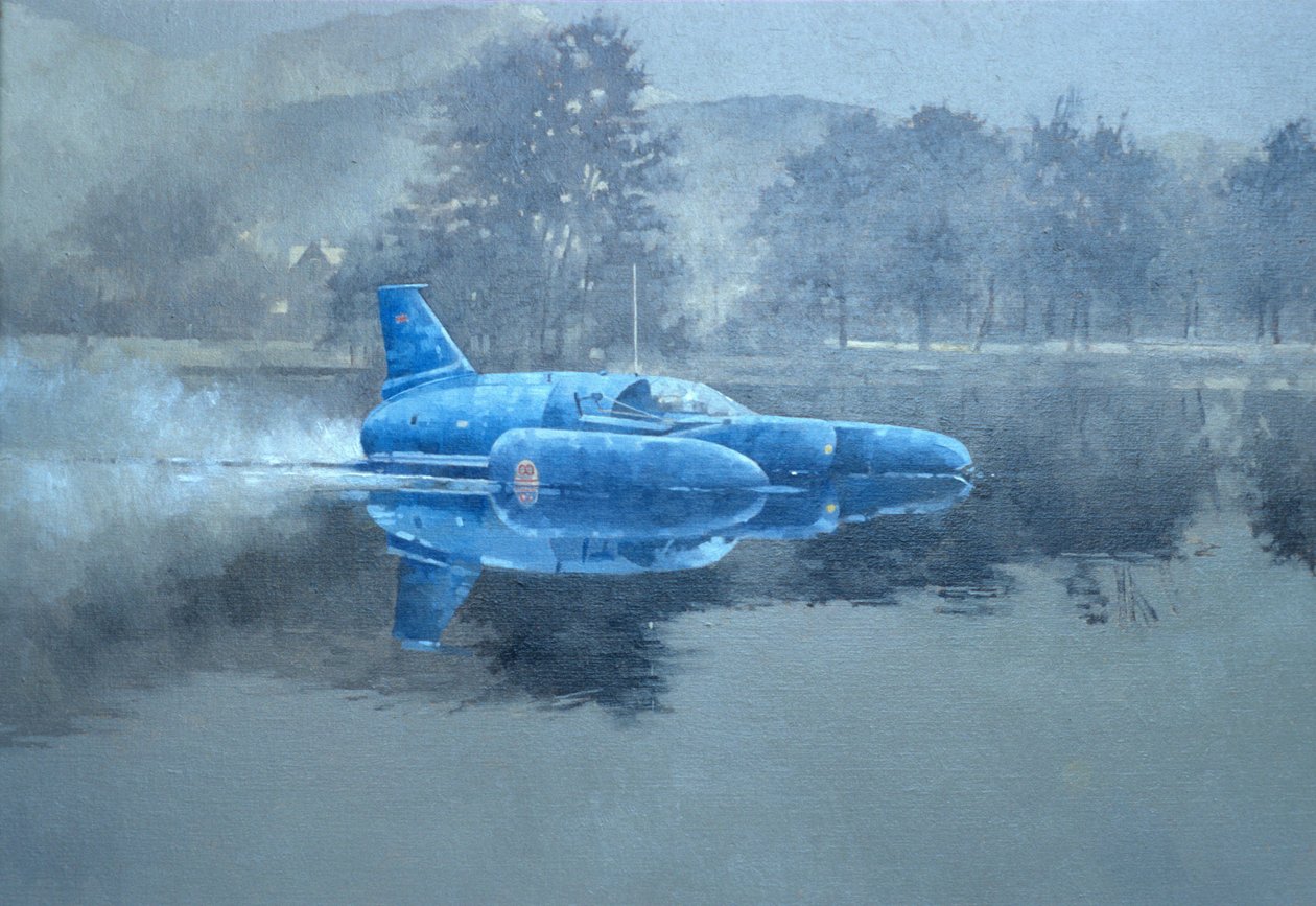Donald Campbell och Bluebird (olja på duk) av Peter Miller