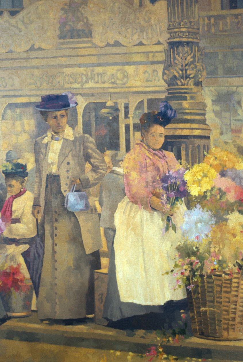 Flower Seller, London (olja på duk) av Peter Miller