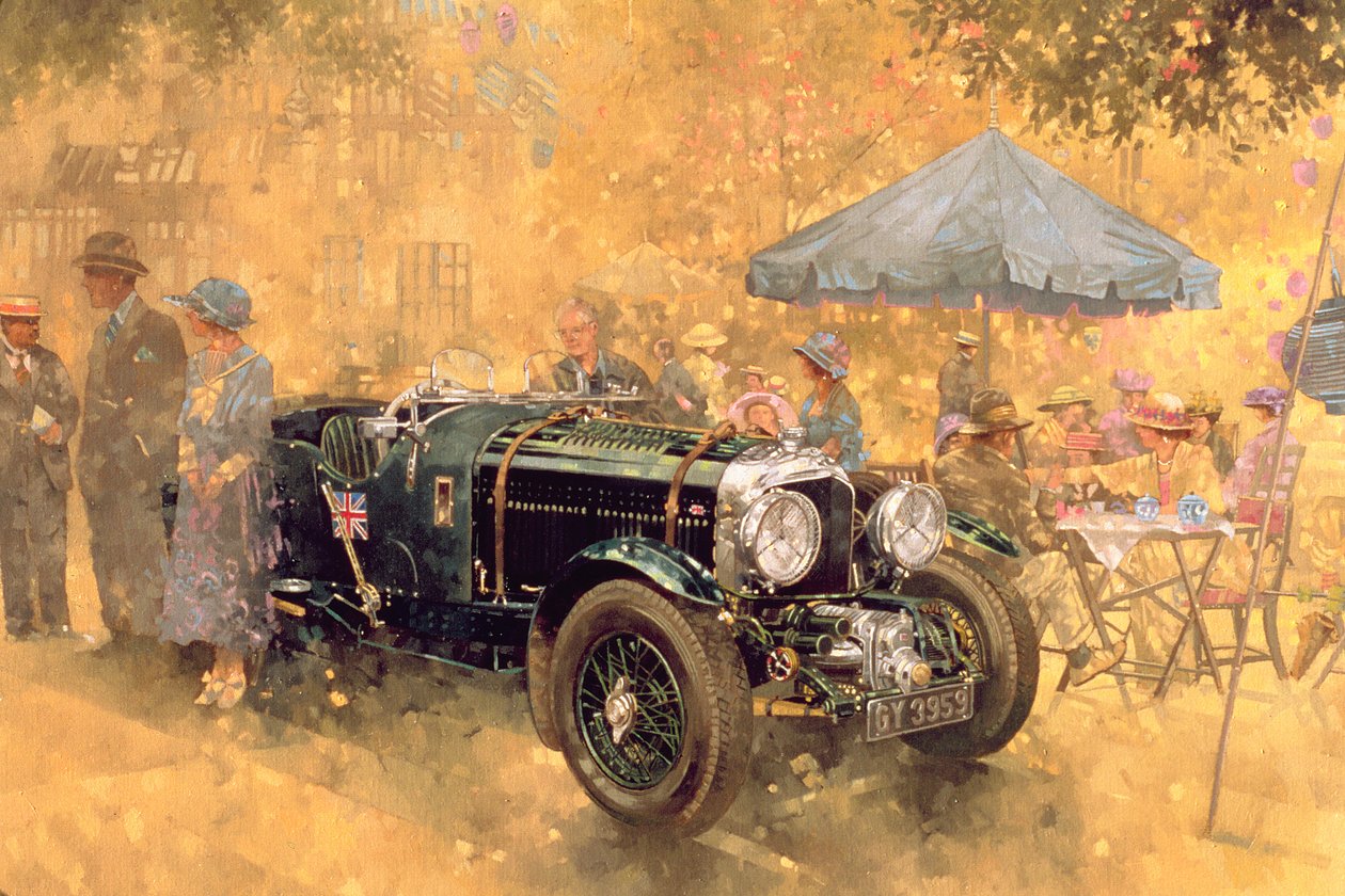 Trädgårdsfest med Bentley (olja på duk) av Peter Miller