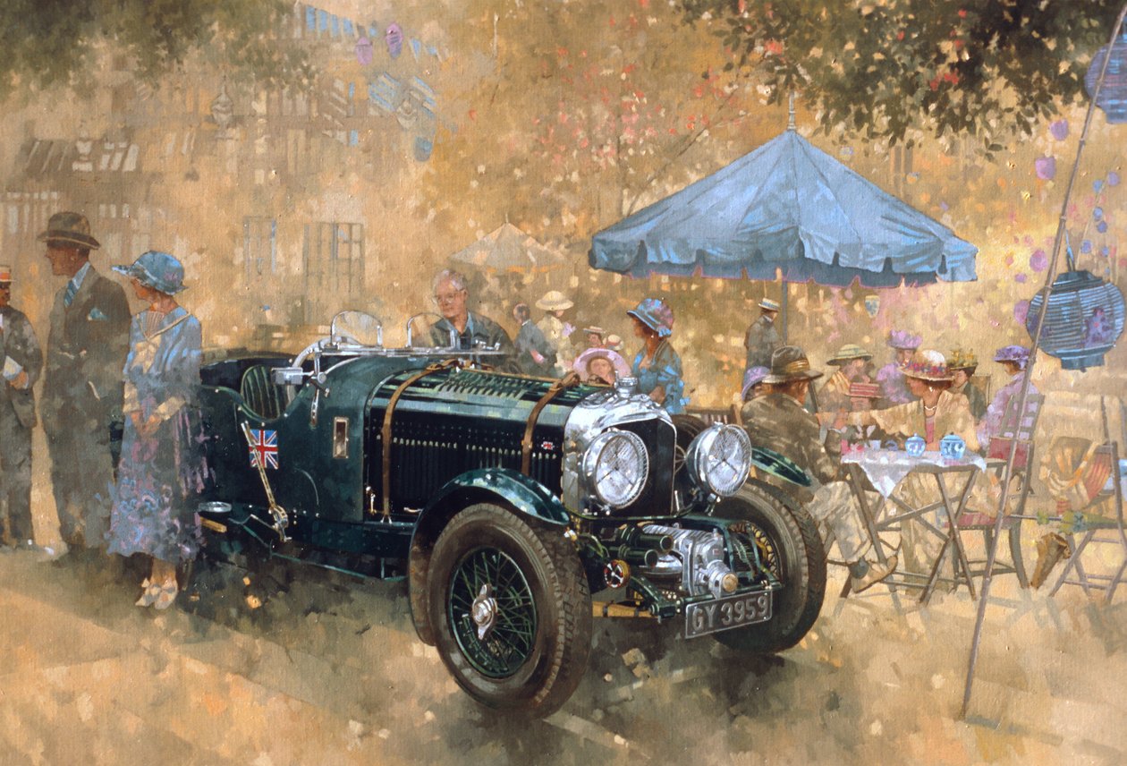 Trädgårdsfest med Bentley (olja på duk) av Peter Miller