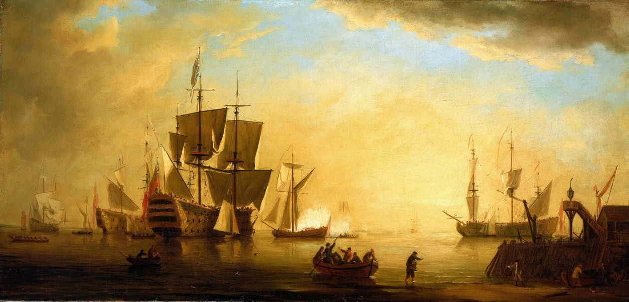 En brittisk byggnad med andra förankrade fartyg i skymningen. Olja på duk, tidigt 1700-tal, av Peter Monamy (1681-1749). av Peter Monamy