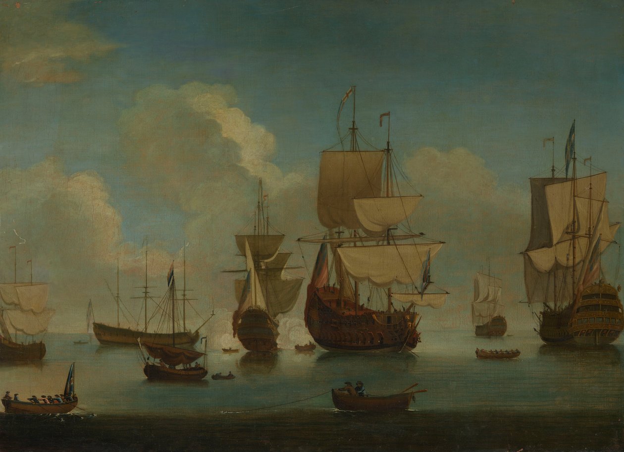 Engelska krigsfartyg för ankar i lugnt väder, torkar segel, tidigt 1700-tal (olja på duk) av Peter Monamy