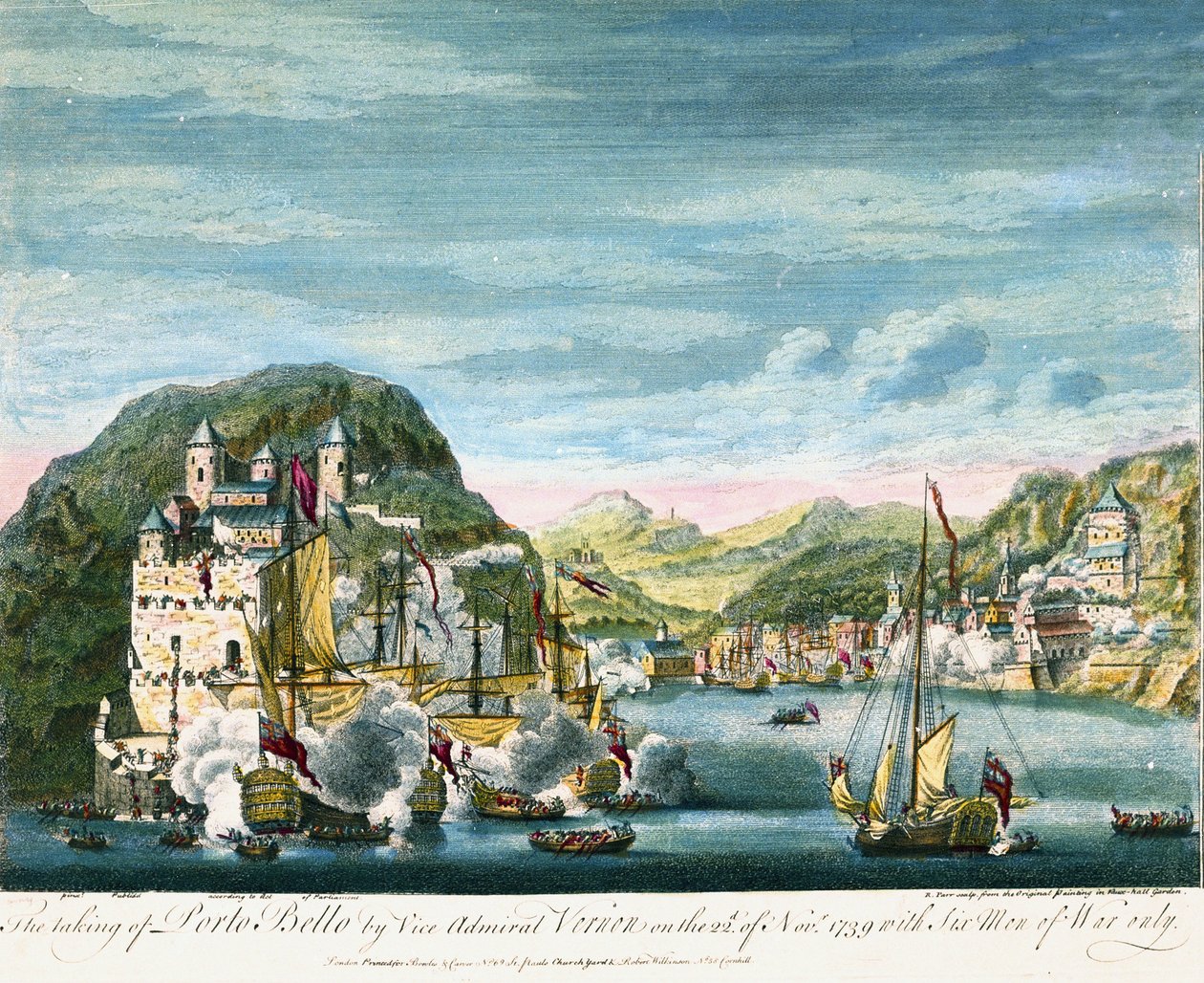 Jenkins öronkrig: "Erövringen och förstörelsen av Porto Bello den 21/11/1739" Det ägde rum i Karibien och de koloniala flottorna och trupperna från Konungariket Storbritannien och Spanien drabbade samman av Peter Monamy