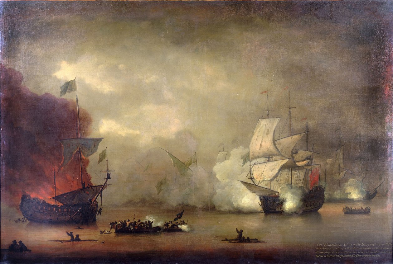 Sjöstrid mellan HMS "Mary Rose" från Royal Navy och sju sjörövande algeriner utanför Tanger (Marocko) den 8 december av Peter Monamy