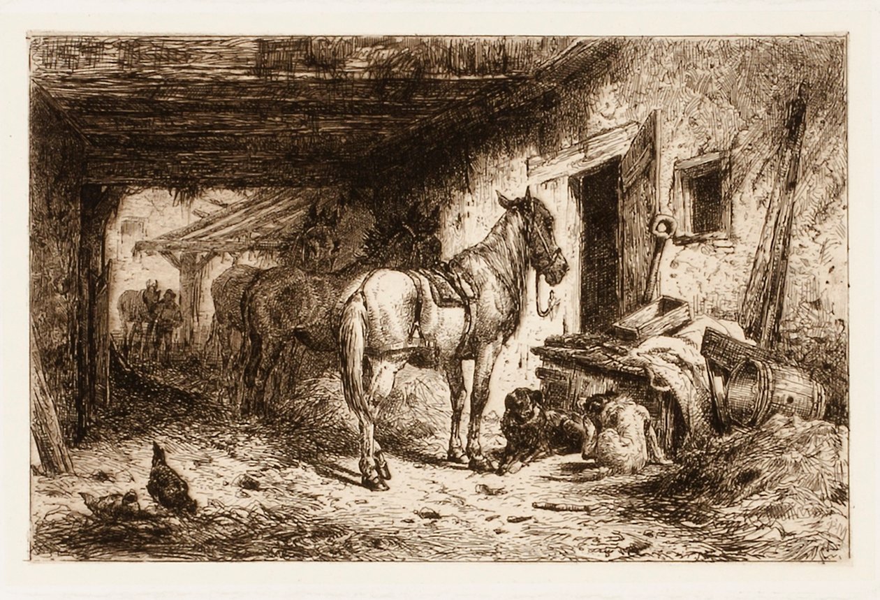 Utan titel (hästar och stallgård) av Peter Moran