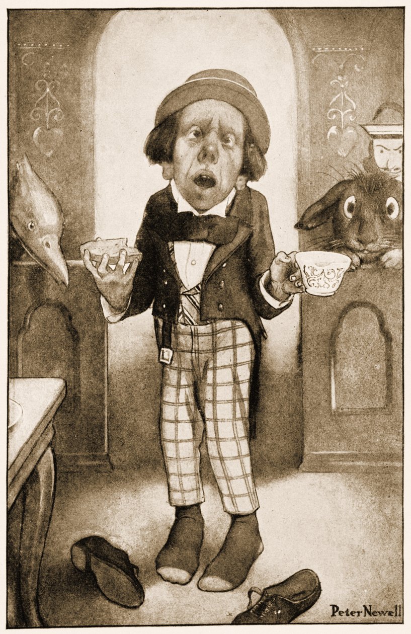 Jag är en fattig man, ers majestät, hattmakaren började med darrande röst illustrationen till Lewis Carrolls Alices Adventures in Wonderland, 1901 av Peter Newell
