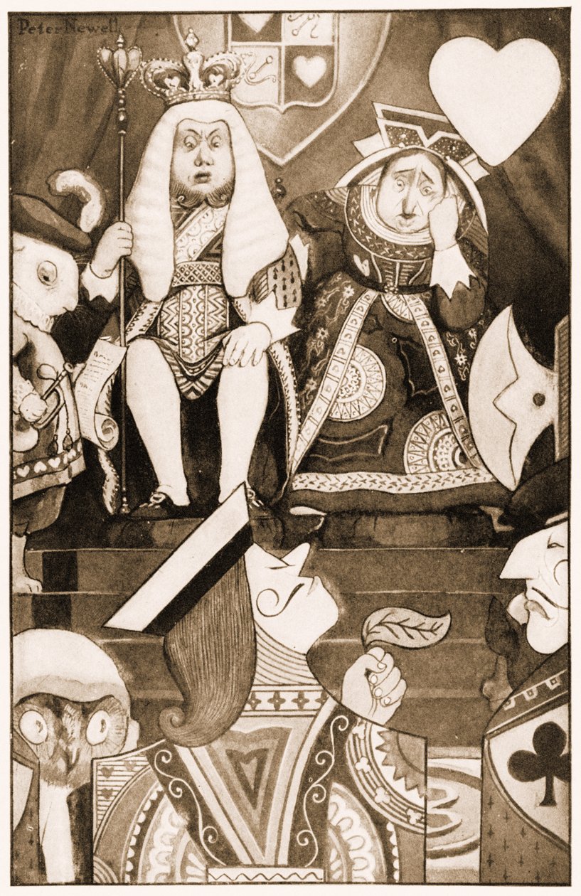 Kungen och drottningen av hjärtan satt på sin tron, illustration för Lewis Carrolls Alices Adventures in Wonderland, 1901 av Peter Newell