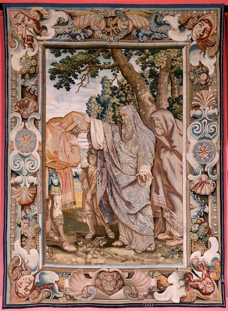 flamländsk gobeläng. Serie Historien om konsuln Decius Mus. Valerius välsignar Decius. Fjärde gobelängen i serien. Modell PP Rubens. ; Tillverkning Jan Raes II, Bryssel. Ca 1620-1629. Tyg Guld, silver, siden och ull. Storlek 405 x 330 cm. Plats Royal Pal av Peter Paul (after) Rubens