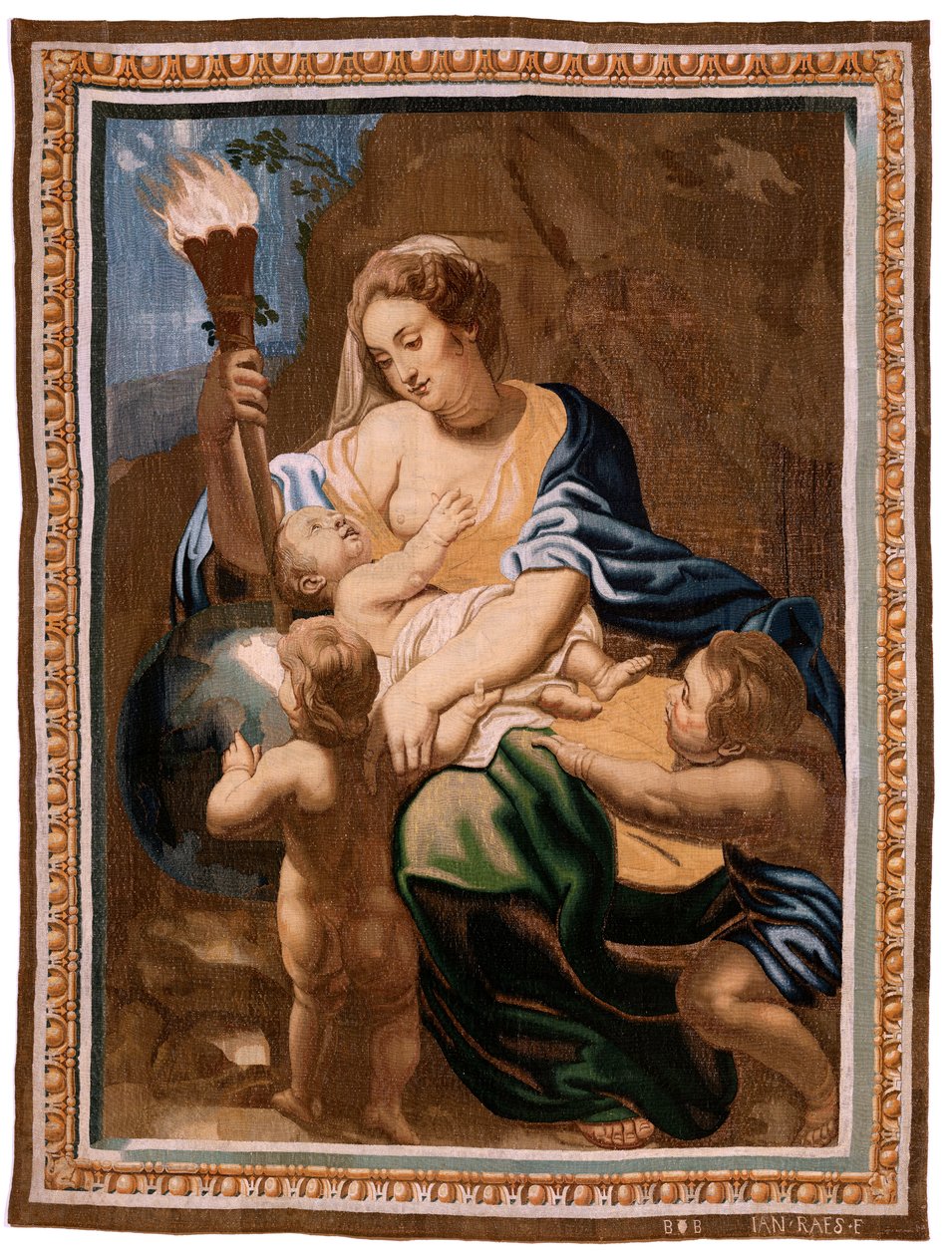 flamländsk gobeläng. Serien Nattvardens triumf. Allegory of Charity som upplyser världen (Alegoría de la Caridad iluminando al mundoà. Tjugonde gobelängen i serien. Modell Peter Paul Rubens. 1626-1628. Tillverkning Jan II Raes, Bryssel av Peter Paul (after) Rubens
