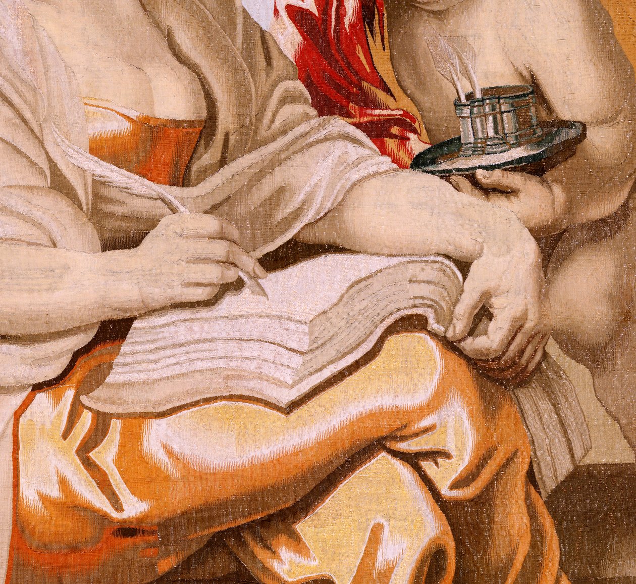 flamländsk gobeläng. Serien Nattvardens triumf. Visdom är inspirerad av den Helige Ande (La Sabiduría inspirada por el Espíritu Santo). Nittonde gobeläng i serien. Modell Peter Paul Rubens. 1626-1628. Tillverkning Jacob II Geubels, Bryssel av Peter Paul (after) Rubens