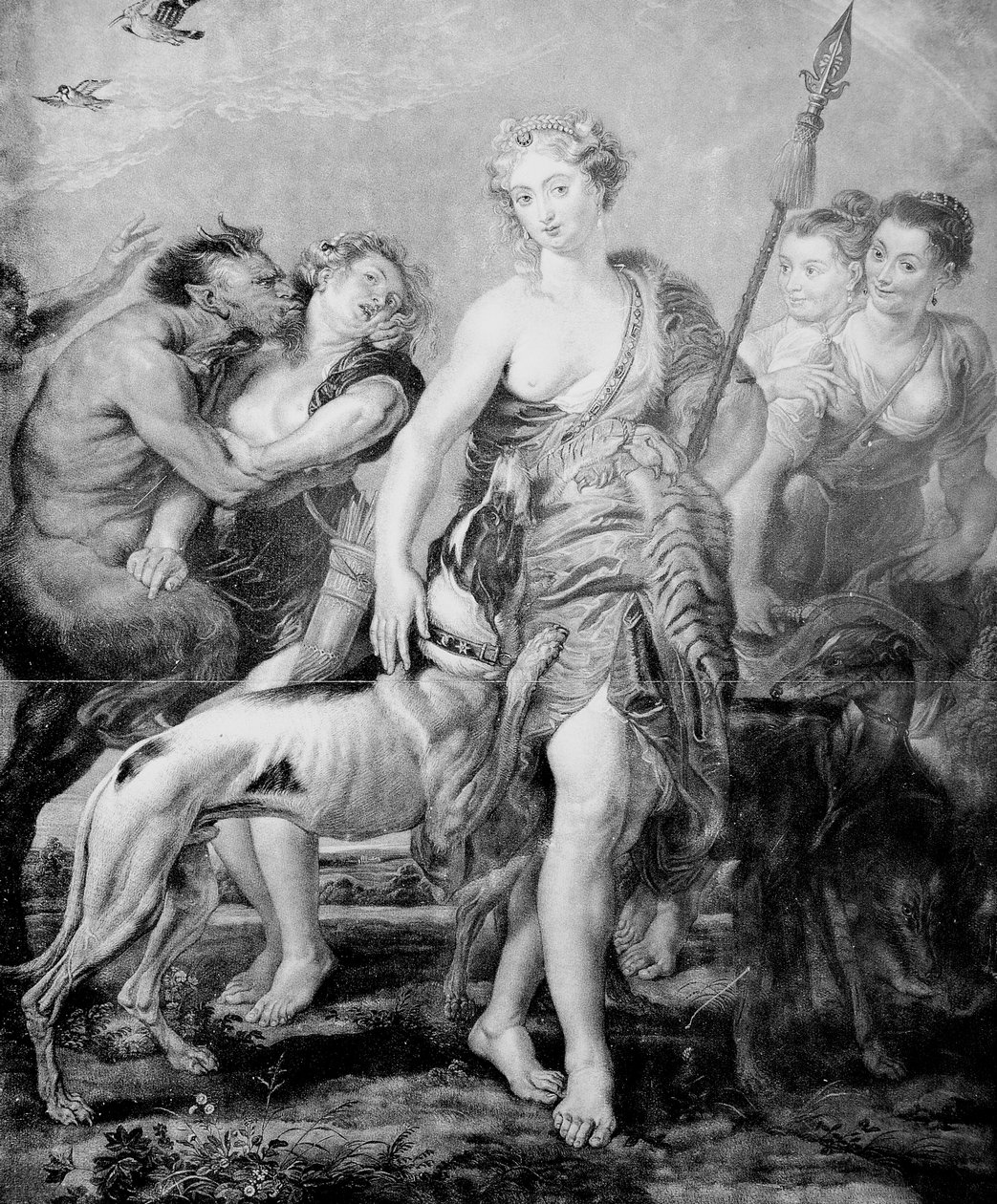 Gudinnan Diana och hennes följe, överraskade av demonen Satyr av Peter Paul (after) Rubens