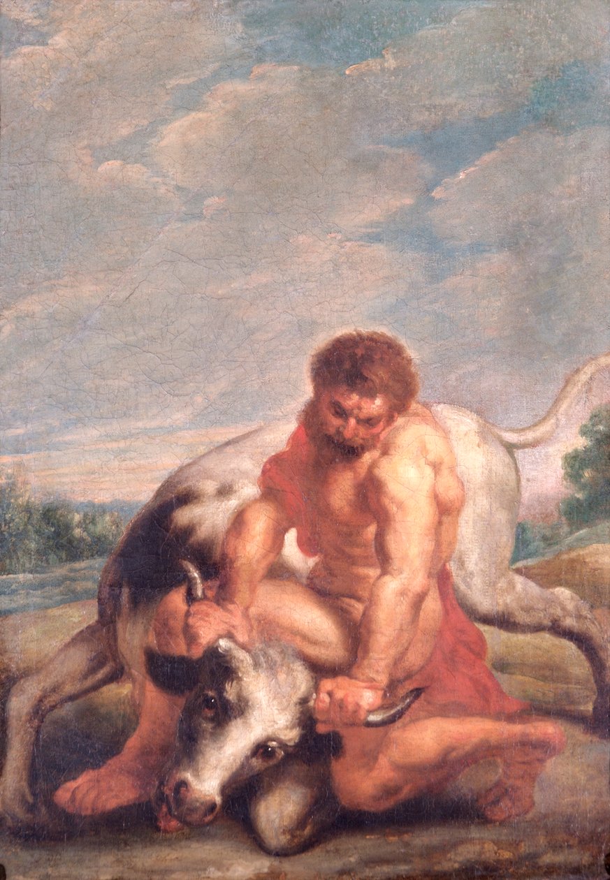 Hercules brottas med Achelous i form av en tjur (olja på duk) av Peter Paul (after) Rubens