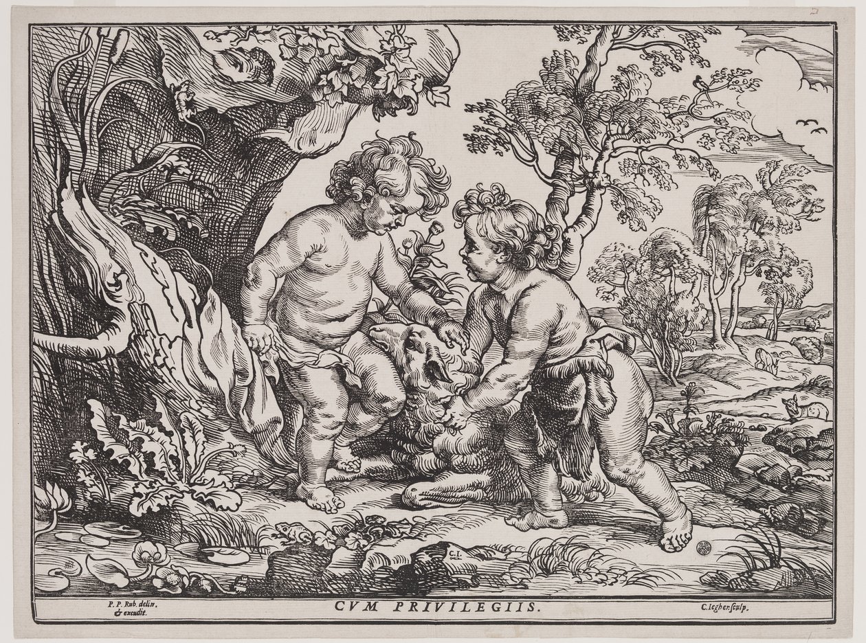 Spädbarn Kristus och Sankt Johannes leker med ett lamm, gravyr av Christoffel Jegher (1596-1653), efter 1632 (träsnitt) av Peter Paul (after) Rubens