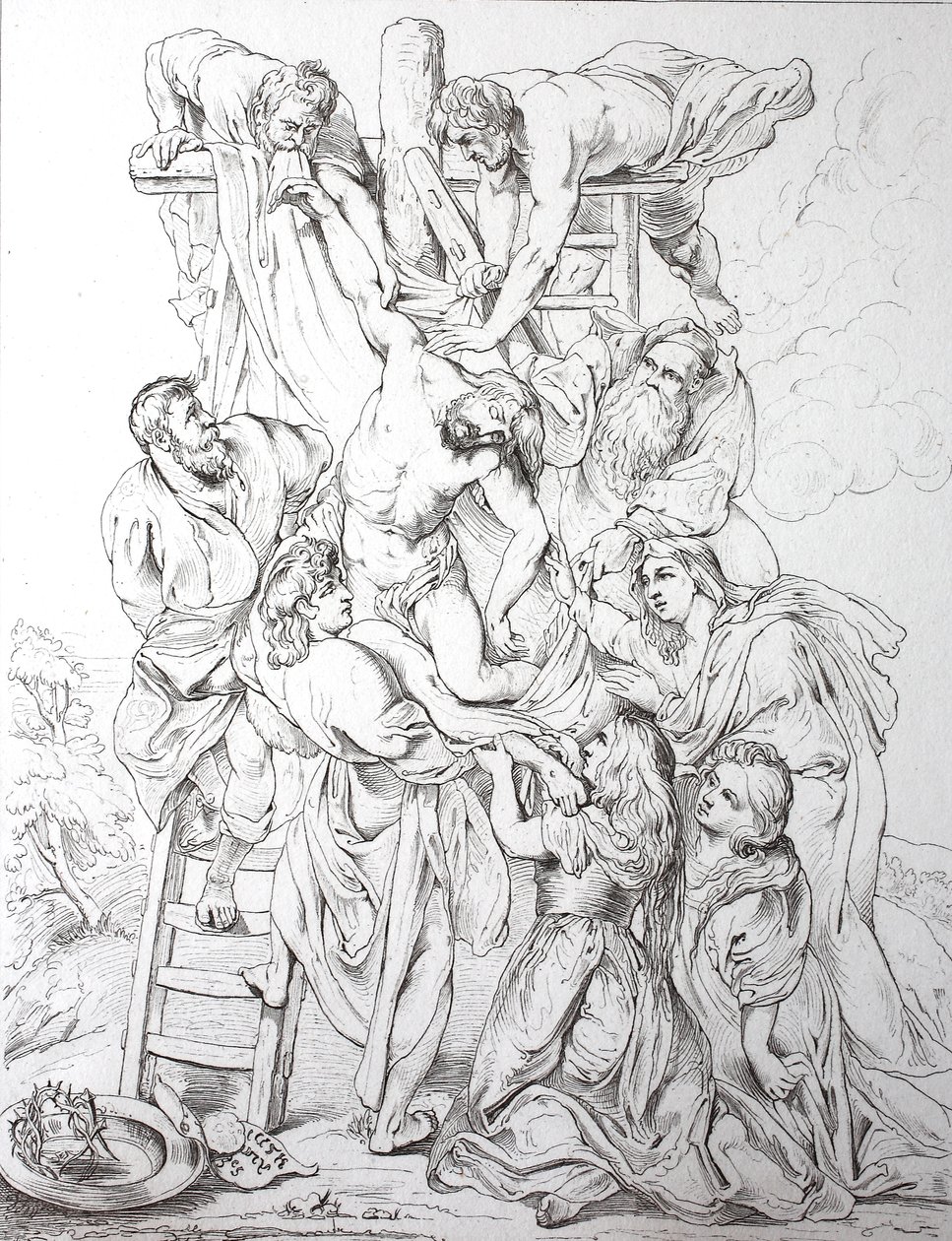 Jesus Kristus, härkomst från korset (tryck) av Peter Paul (after) Rubens