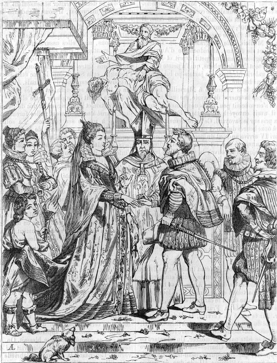 Äktenskap genom fullmakt av Marie de Medicis (1576-1642) med Henrik IV i Florens, 5 oktober 1600. Gravyr av Pierre Paul (Pierre-Paul) Rubens (eller Peter Paul eller Petrus Paulus) (1577-1640). av Peter Paul (after) Rubens