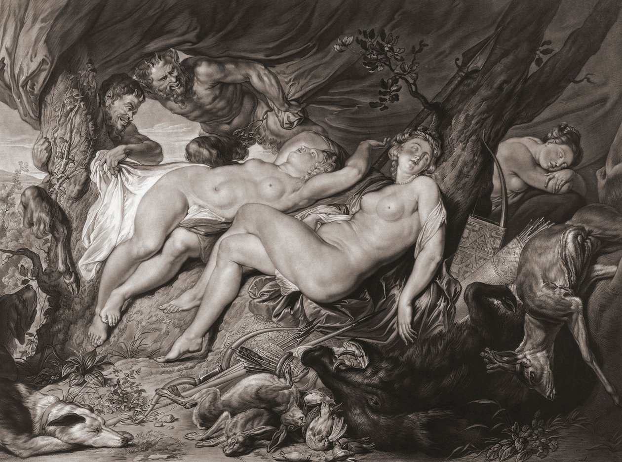 Sovande Diana och hennes nymfer spionerade av satyrer. (skriva ut) av Peter Paul (after) Rubens