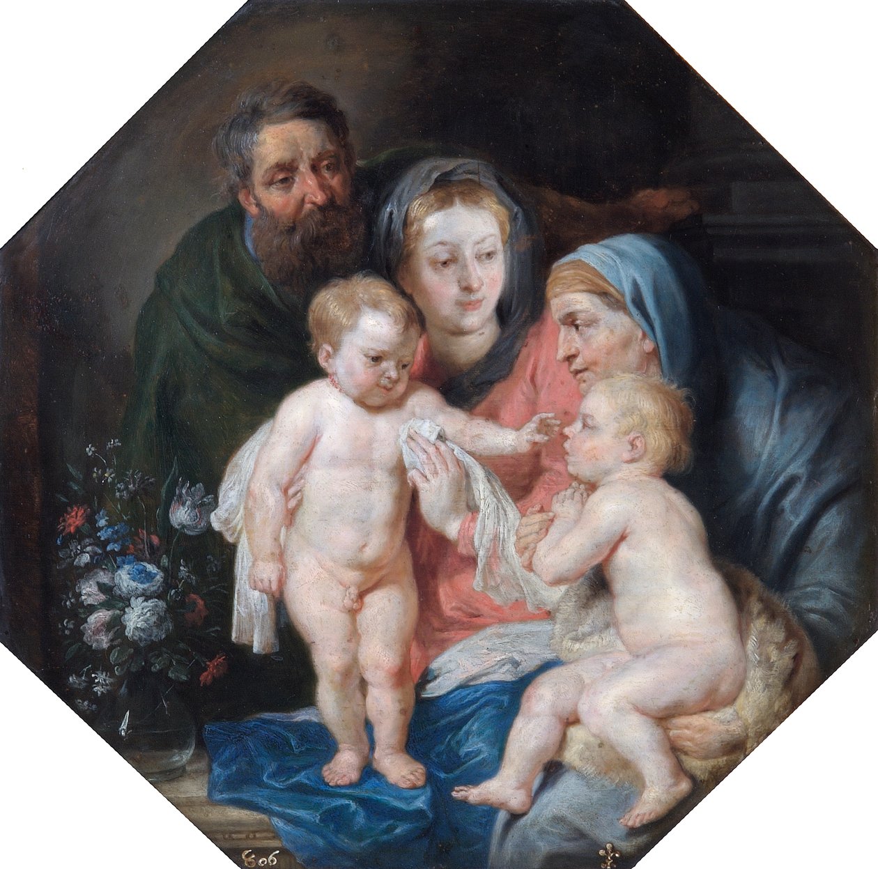 Den heliga familjen med St Elizabeth och St John (olja på koppar) av Peter Paul (after) Rubens