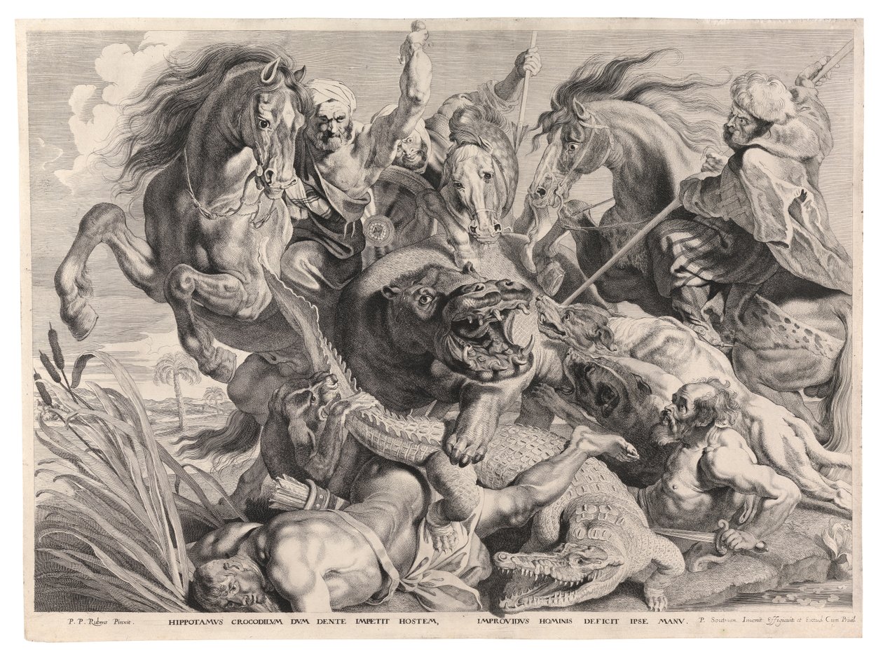 Jakten på flodhästen och krokodilen (gravyr) av Peter Paul (after) Rubens