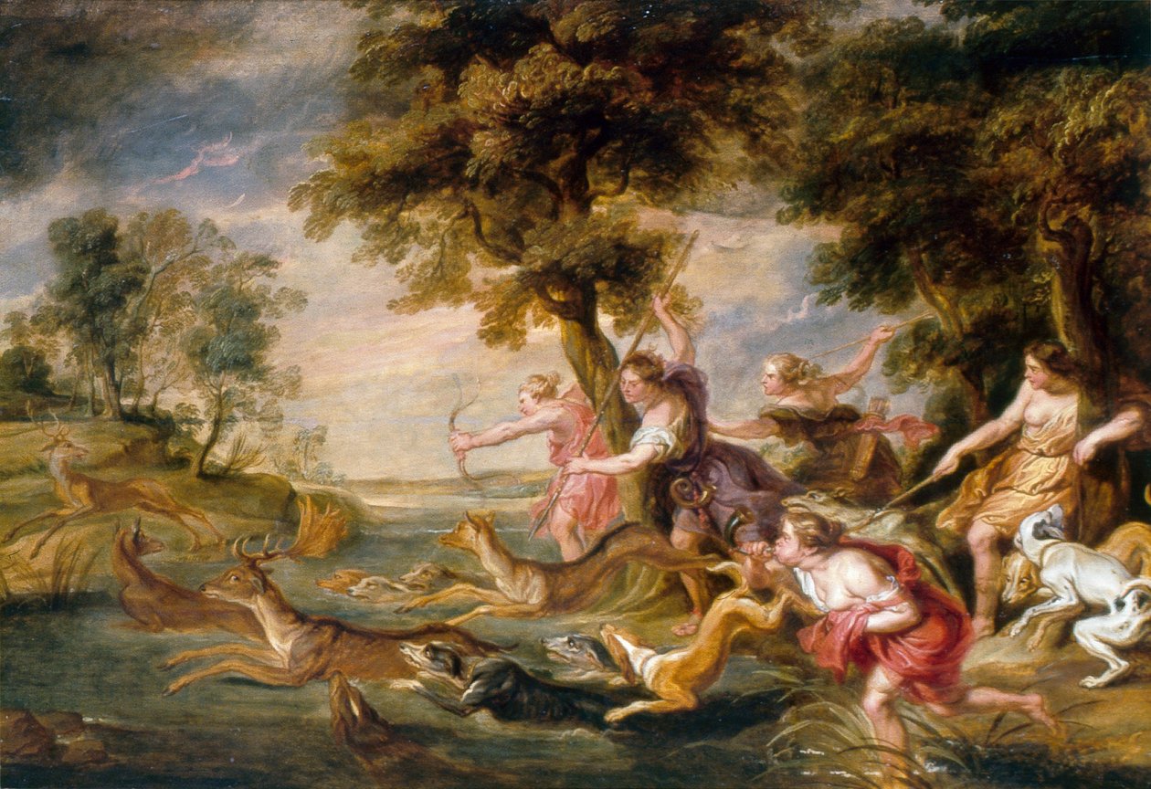 Diana och nymferna jagar dovhjort, ca 1673 (olja på duk) av Peter Paul (follower of) Rubens