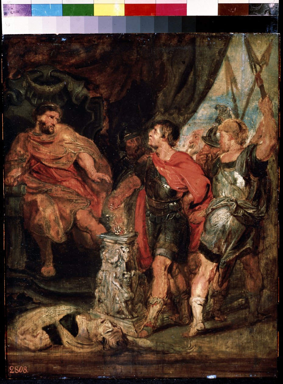 Mucius Scaevola devant Porsenna (Micius Scaevola före Porsenna). Caius Mucius Scaevola, jeune patrician romain capture par la garde royale de Porsenna (Porsinna, Porsena) av Peter Paul (studio of) Rubens