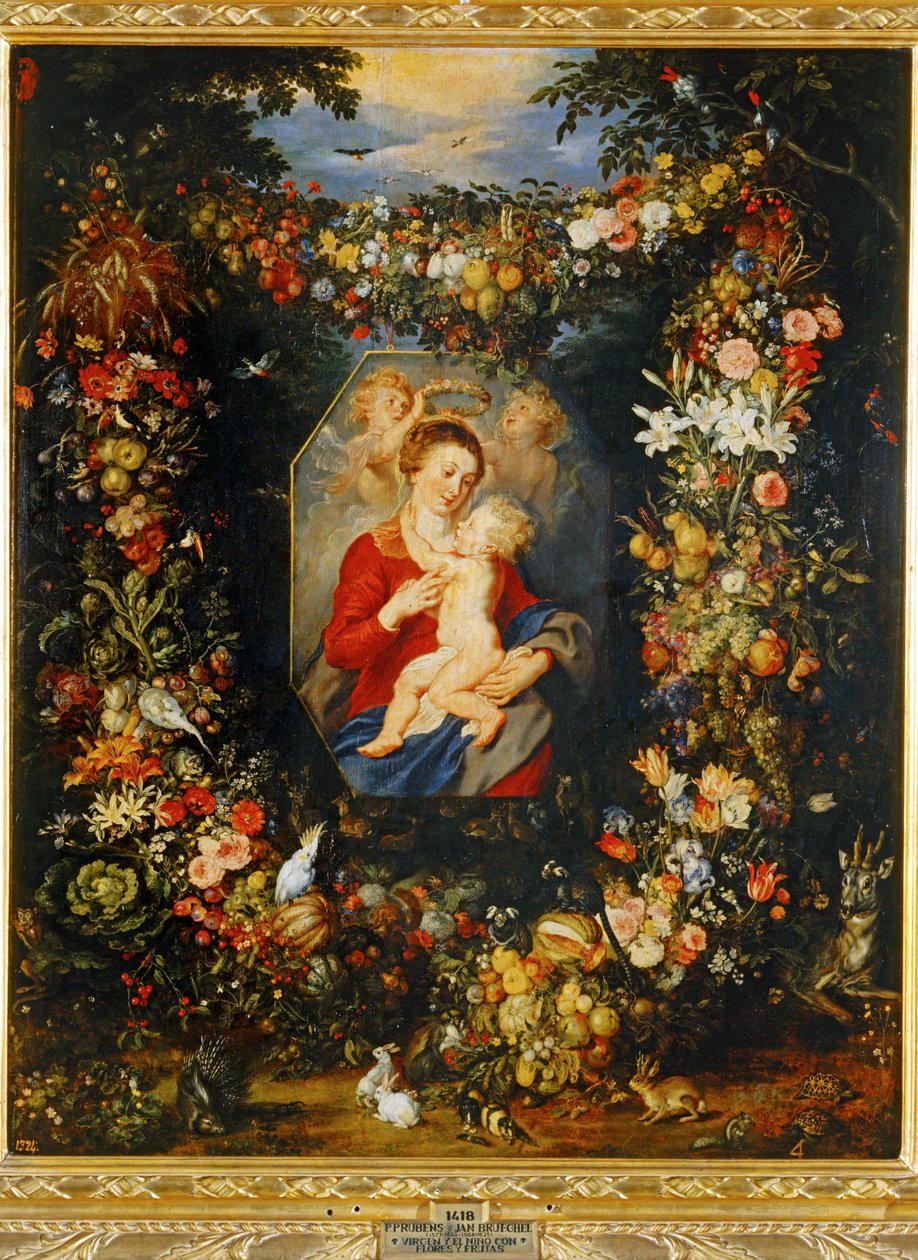 Jungfru Maria och barnet med krans av blommor och frukter... av Peter Paul & Brueghel Jan (1601 78) Rubens