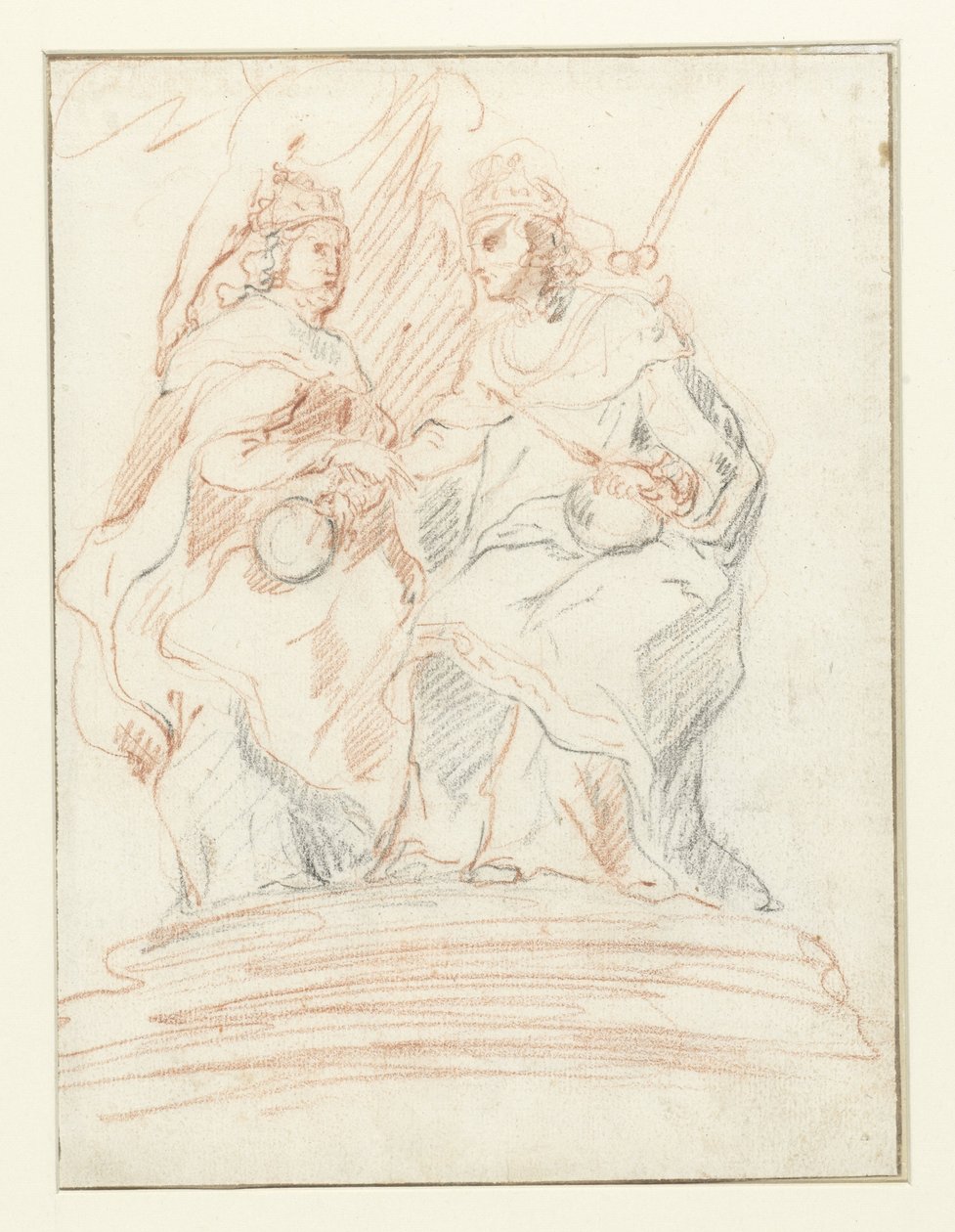 Kung och en drottning på en tron, bakom dem står Fama Kristus och Maria av Peter Paul Rubens (possibly)