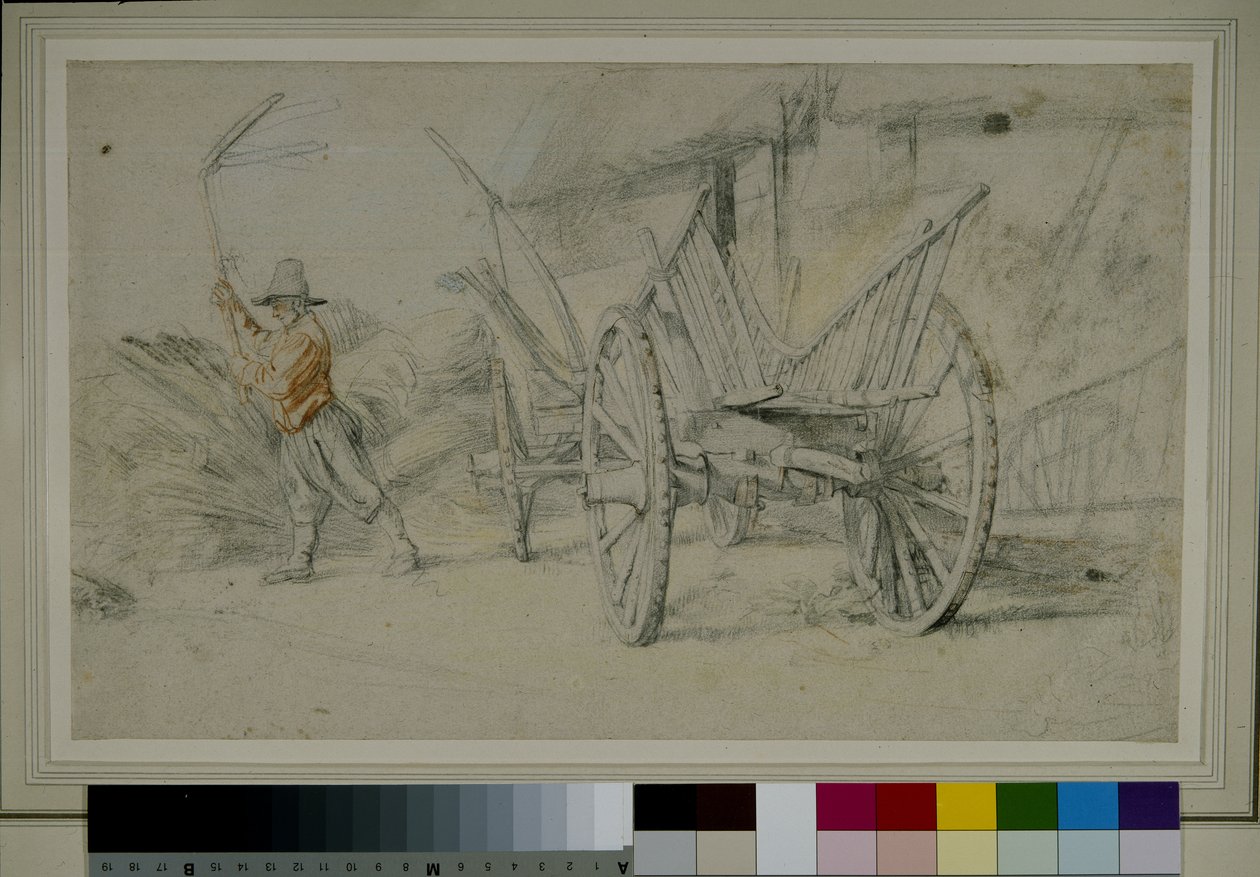 En man som tröskar bredvid en vagn, gårdsbyggnader bakom av Peter Paul Rubens