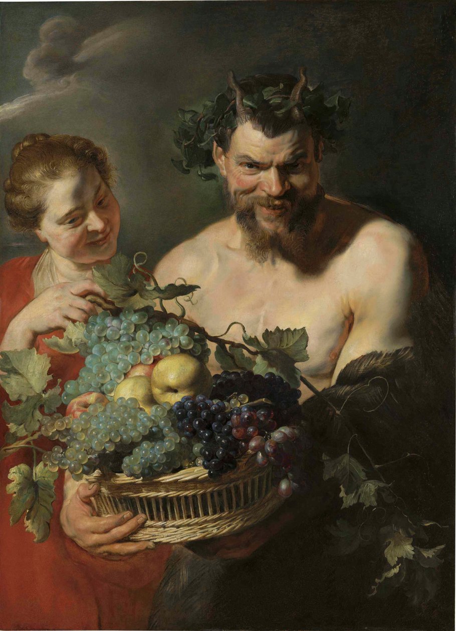 En satyr håller en korg med druvor och kvittenfrukter tillsammans med en nymf, av Peter Paul Rubens av Peter Paul Rubens