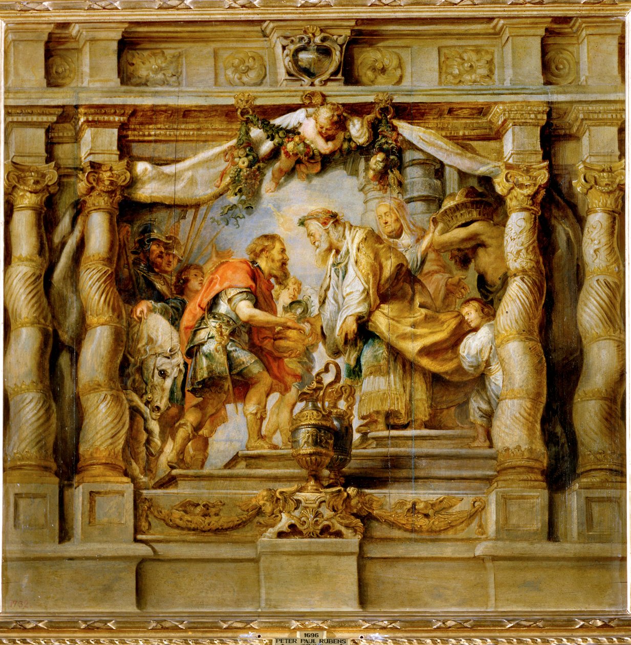 Abrahan ger tionde till prästkungen Melkisedek i Salem (målning på trä) av Peter Paul Rubens