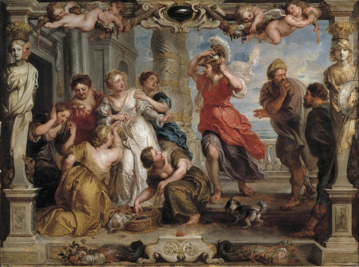 Achilles upptäckt av Ulysses bland Lycomedes döttrar på Skyros, 1630-1635 av Peter Paul Rubens