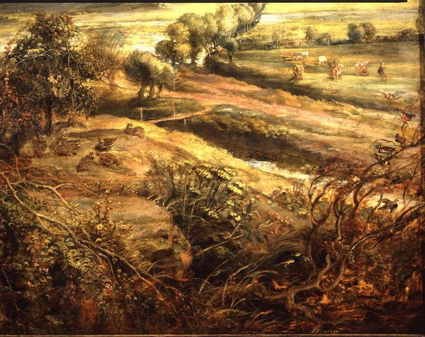 Ett höstlandskap med utsikt över Het Steen i tidig morgon, ca 1636 (olja på panel) (detalj av 211075) av Peter Paul Rubens