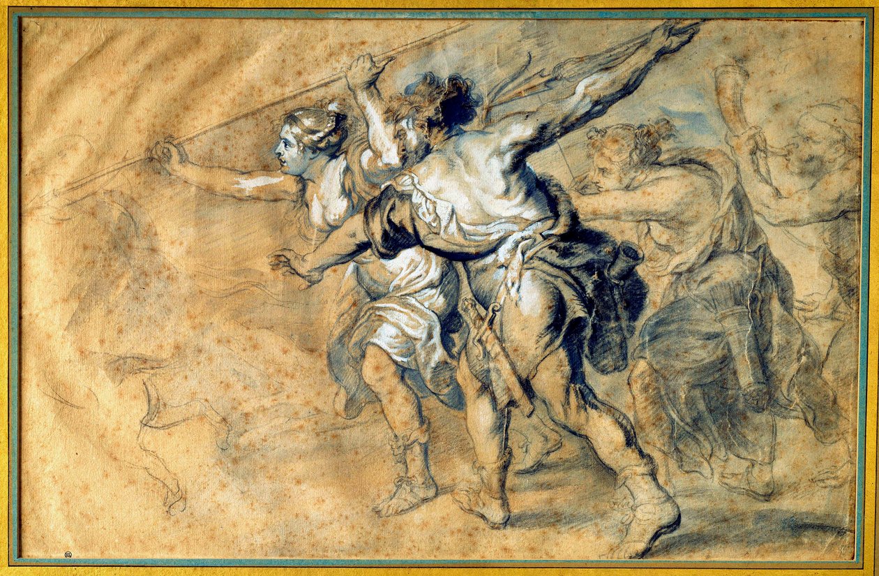 Atalante och Meleagre. Teckning av Pierre Paul (Pierre-Paul) Rubens (eller Peter Paul eller Petrus Paulus) (1577-1640) Ec. Flam av Peter Paul Rubens