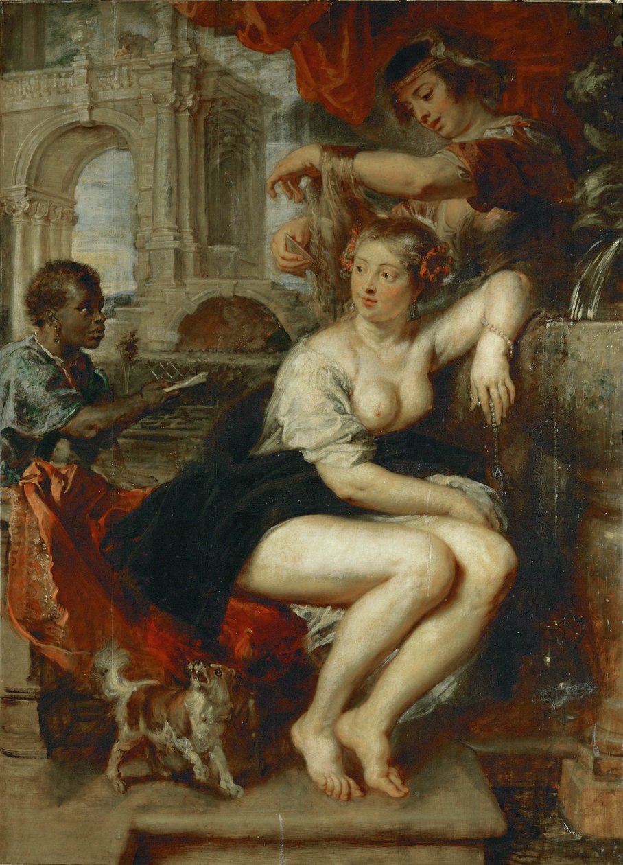Bathseba vid brunnen, en pojke ger kung David ett brev (målning på ek) av Peter Paul Rubens