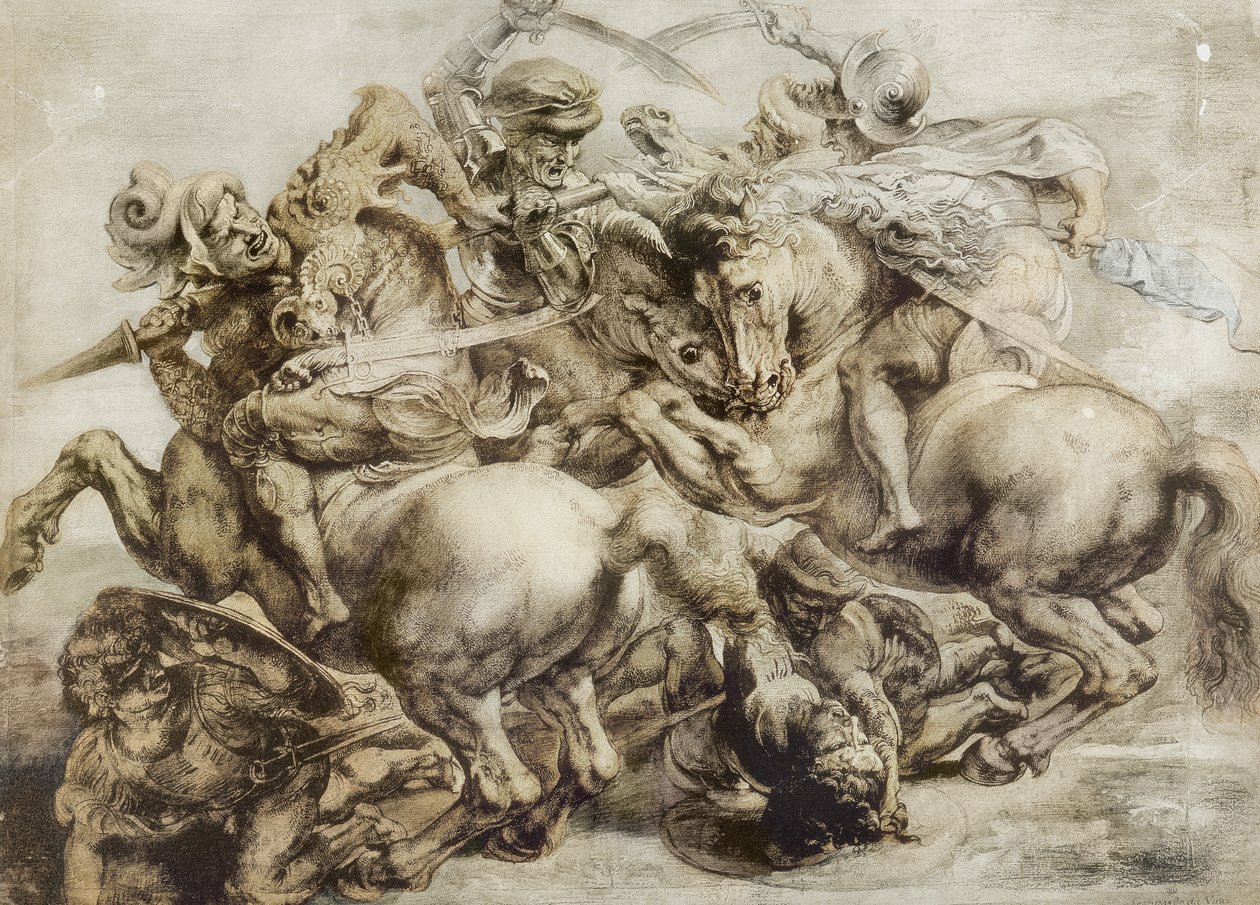 Slaget vid Anghiari, efter Leonardo da Vinci (penna och bläck med tvätt på papper) av Peter Paul Rubens